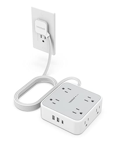 Surge Protector Flat Extension Cord Flat Plug Power Strip, 8 AC Outlets, 3 USB Charger(1 USB C Port) 3-Sided Outlet Extender, 5 Ft, 900 Joules Protection, Office Supplies, Dorm Room Essentials, Grey