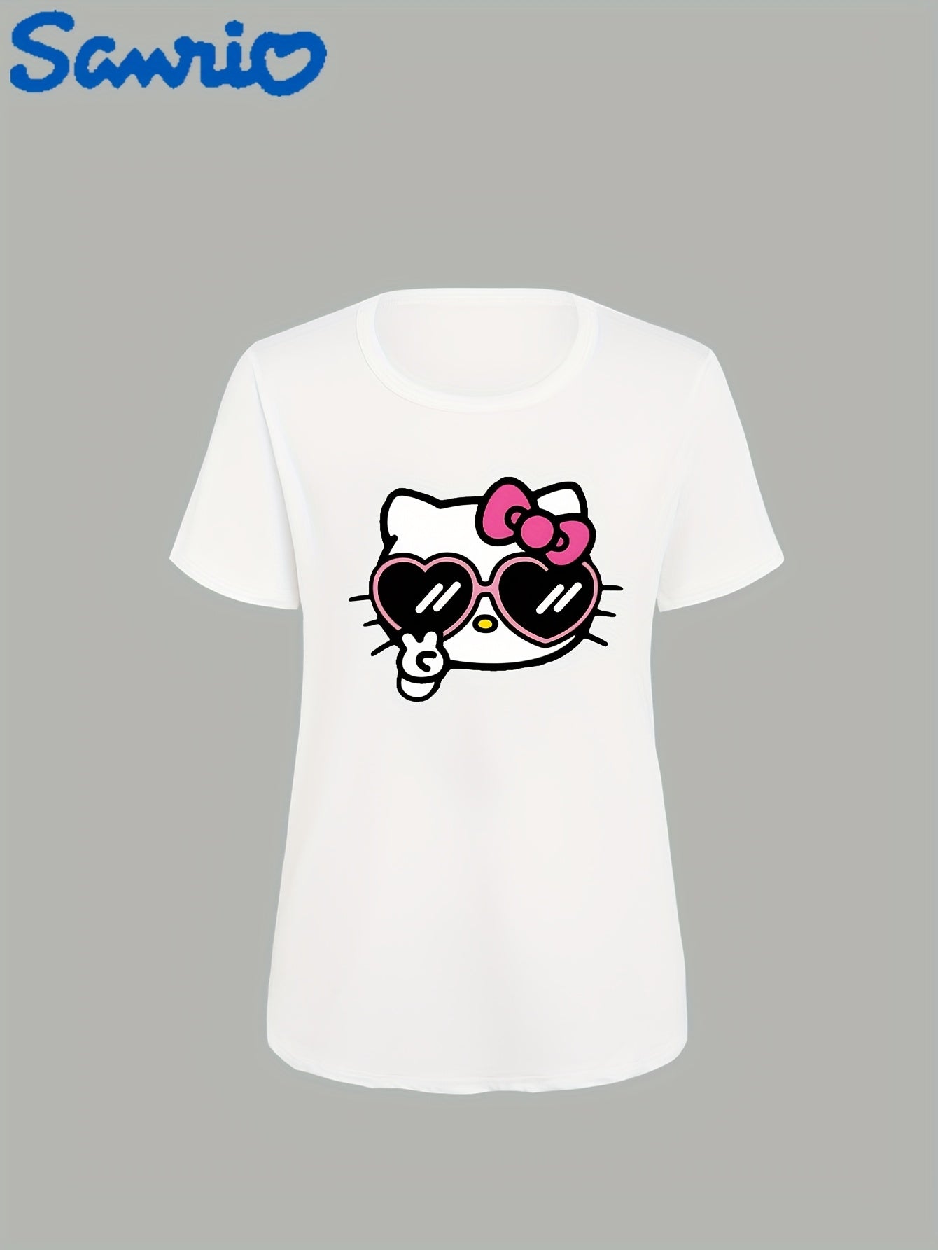 Sanrio for hello kitty Cartoon Cute Printed Crew Neck Casual Polyester T-Shirt, for Women