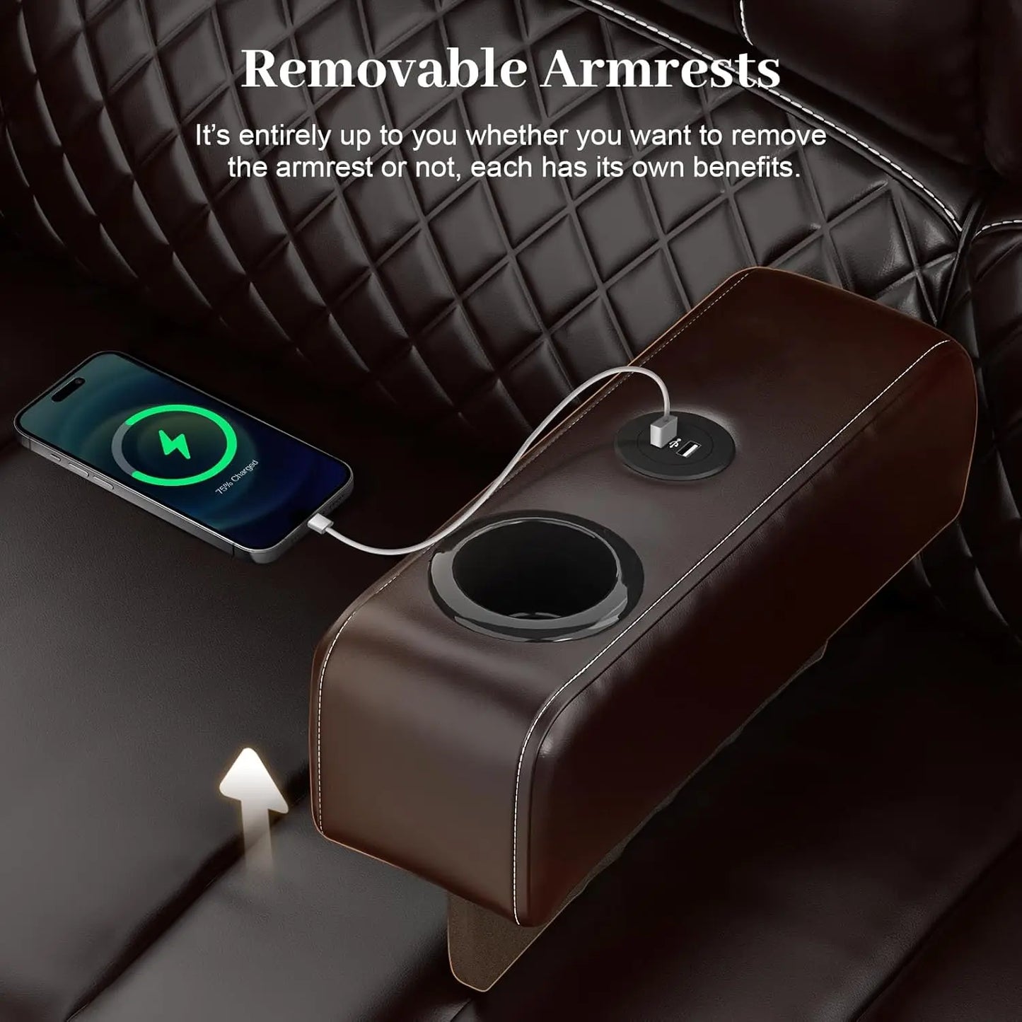 Recliner Sofa, Manual Reclining with Removable Armrest, Faux Leather Recliner for Adults with 2-Tier