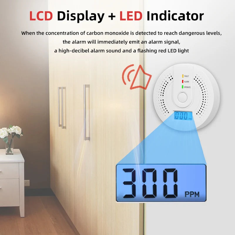 Digital CO Gas Monitor Alarm Detector Audible and Visual Alarm Battery Powered Portable CO Detector for Home Warehouse