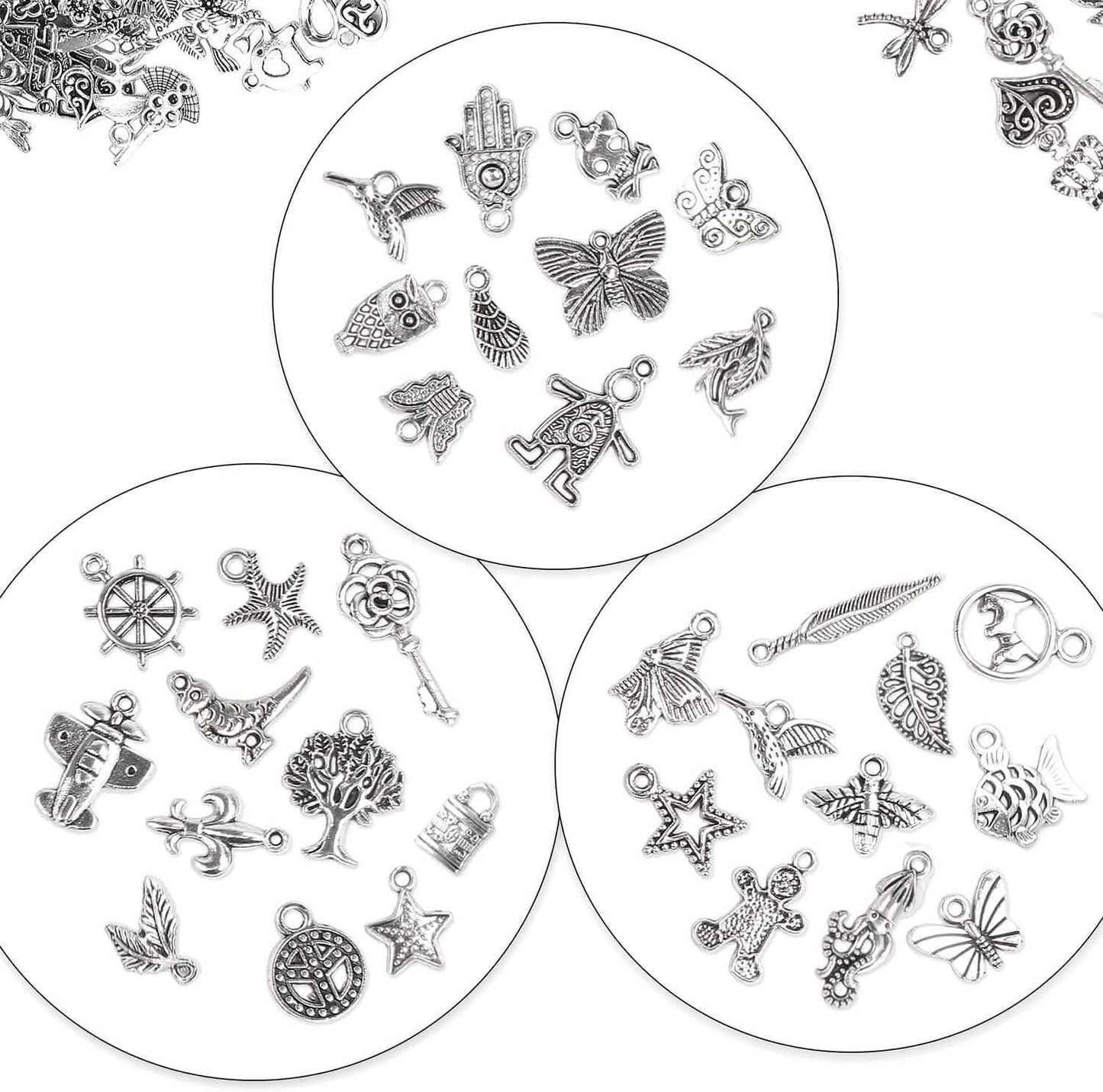 50-Pieces: Silver Charms for Jewelry Making Wholesale Bulk Tibetan Silver Charm Pendants for DIY Necklace Bracelet Earring Craft Supplies