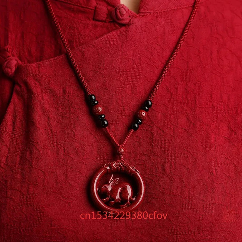 Luxury Red Cinnabar Chinese Zodiac Hollow Double-sided Pendant Necklace Real Natural Jewelry Women Accessories Energy Gifts