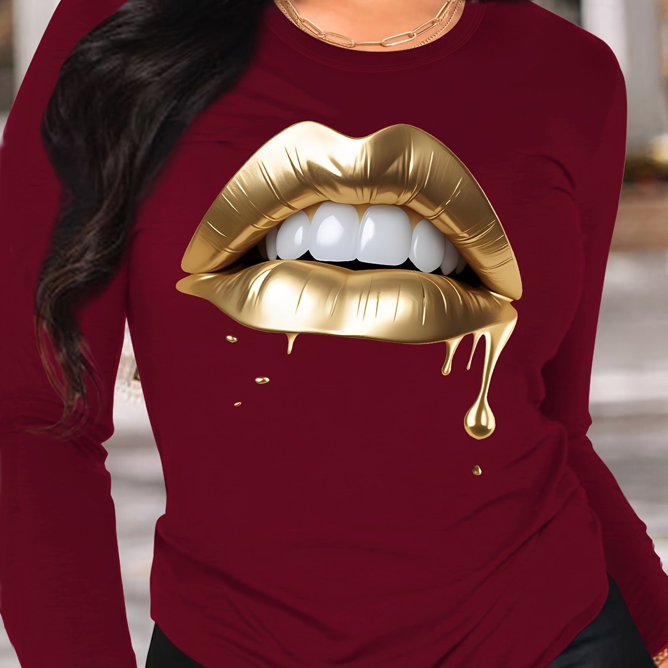 Vibrant Lips Print Long Sleeve Crew Neck T-shirt - Women's Casual Spring & Fall Clothing - Comfortable, Relaxed Fit, Soft Fabric, Stylish Graphic Tee for Ladies