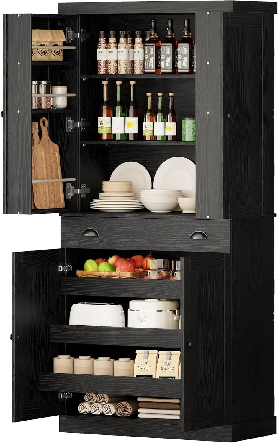 Kitchen Pantry Cabinet Freestanding Cupboard with Drawer, Sliding Storage Rack, and 6 Hanging Shelves