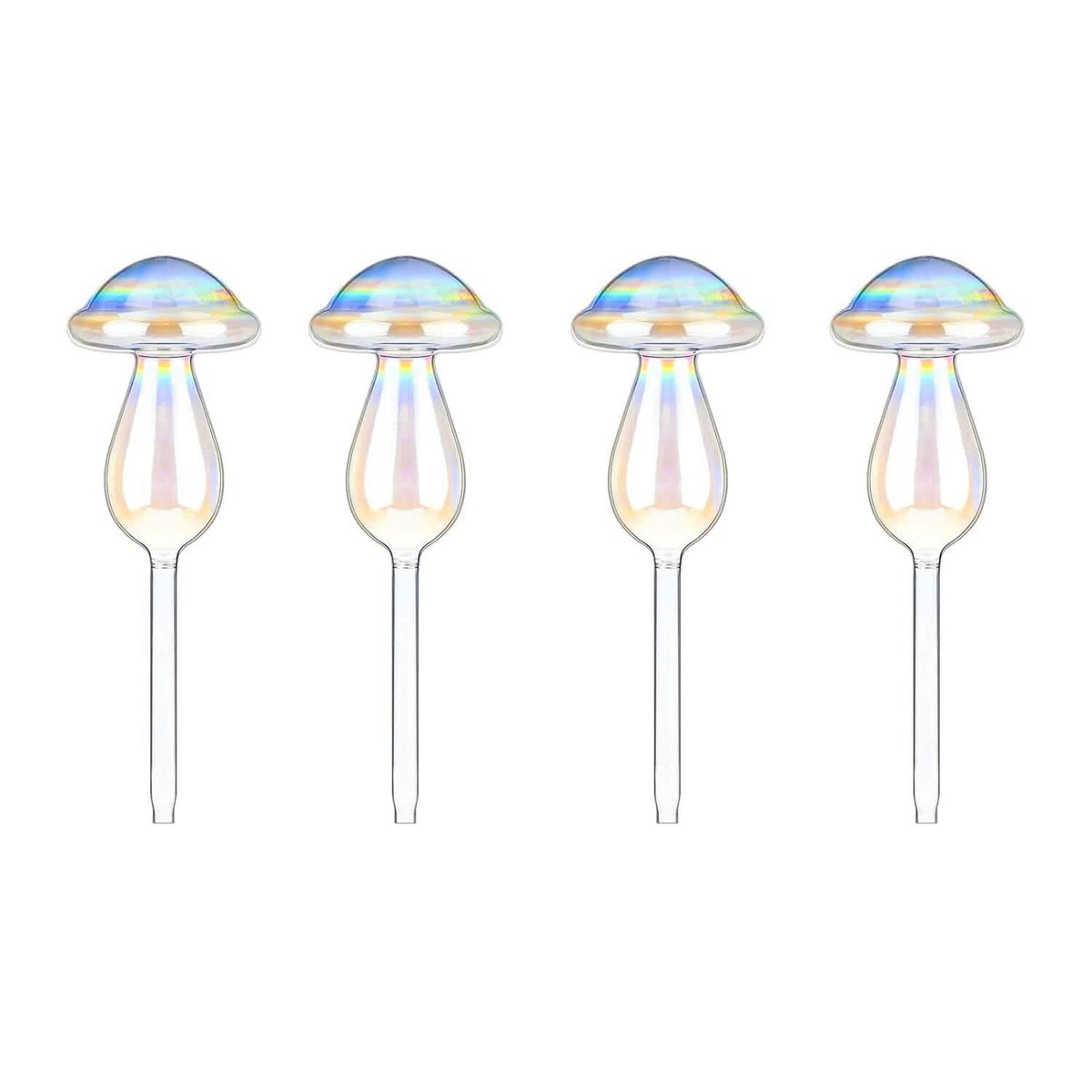 4-Pieces: Clear Glass Plant Watering Globes Iridescent Rainbow Gradient Mushroom