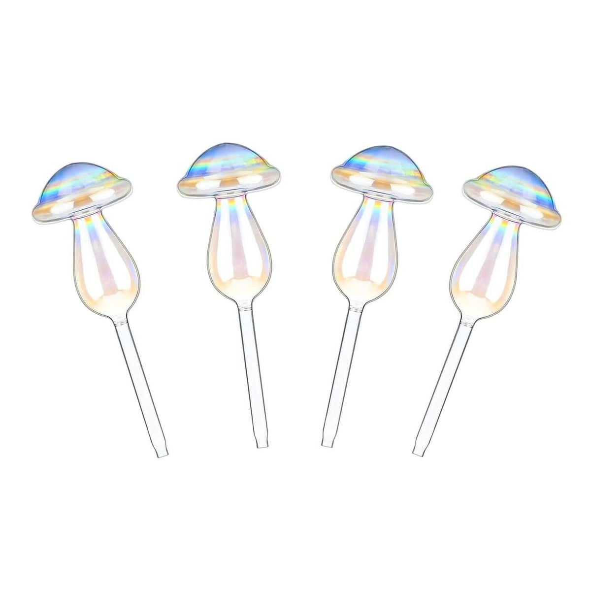 4-Pieces: Clear Glass Plant Watering Globes Iridescent Rainbow Gradient Mushroom