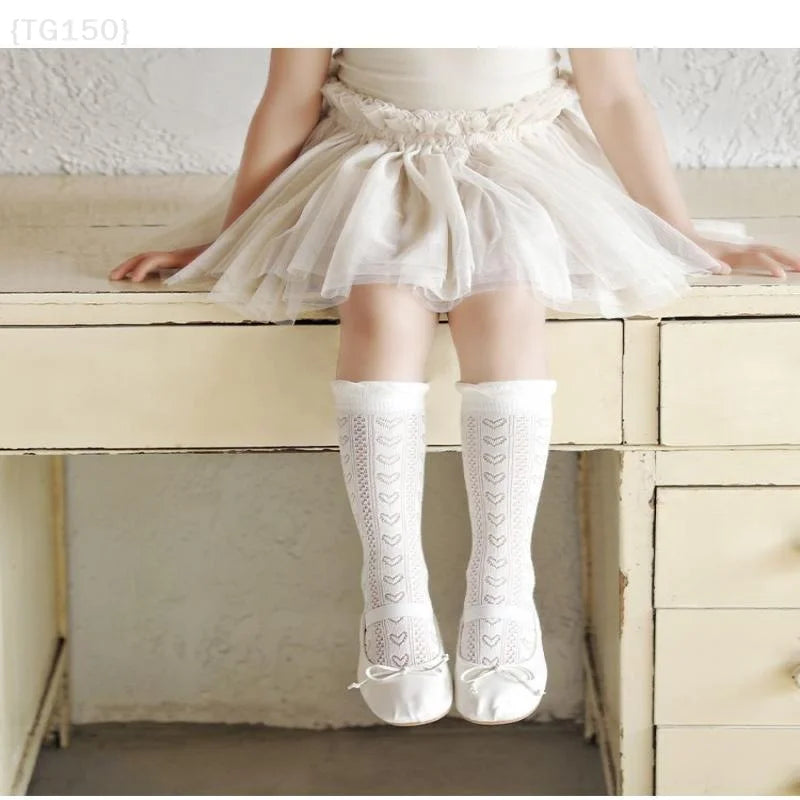 3 Pairs Princess White Lace Ruffle Stockings - Summer Mesh Thin Breathable Kids Long Socks for 3-12 Years