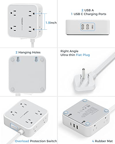 Surge Protector Flat Extension Cord Flat Plug Power Strip, 8 AC Outlets, 3 USB Charger(1 USB C Port) 3-Sided Outlet Extender, 5 Ft, 900 Joules Protection, Office Supplies, Dorm Room Essentials, Grey