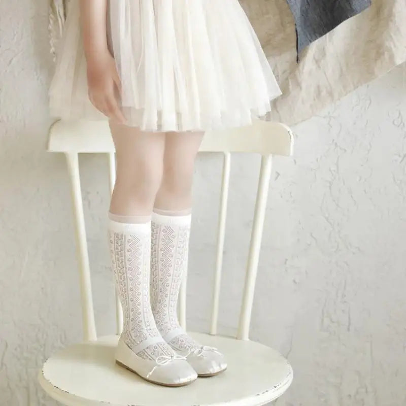 3 Pairs Princess White Lace Ruffle Stockings - Summer Mesh Thin Breathable Kids Long Socks for 3-12 Years