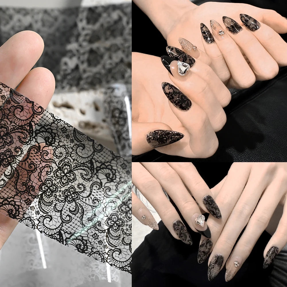 10Rolls/Box White+Black Lace Design Nail Transfer Foils Stickers 3D Mixed Sexy Lace Flower Pattern Nail Decals DIY Manicure Deco