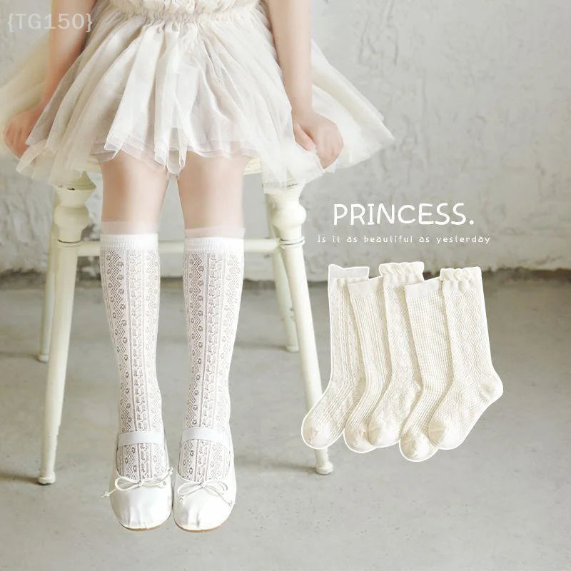 3 Pairs Princess White Lace Ruffle Stockings - Summer Mesh Thin Breathable Kids Long Socks for 3-12 Years