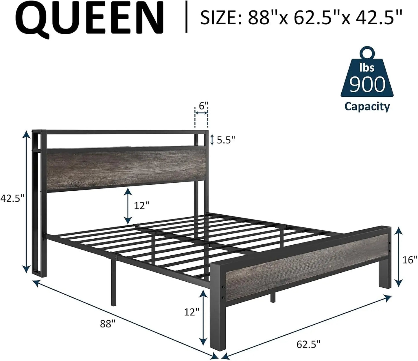 Queen Size Bed Frame Industrial Platform Bed with Charging Station, 2-Tier Storage Headboard/No Box Spring Needed/Noise
