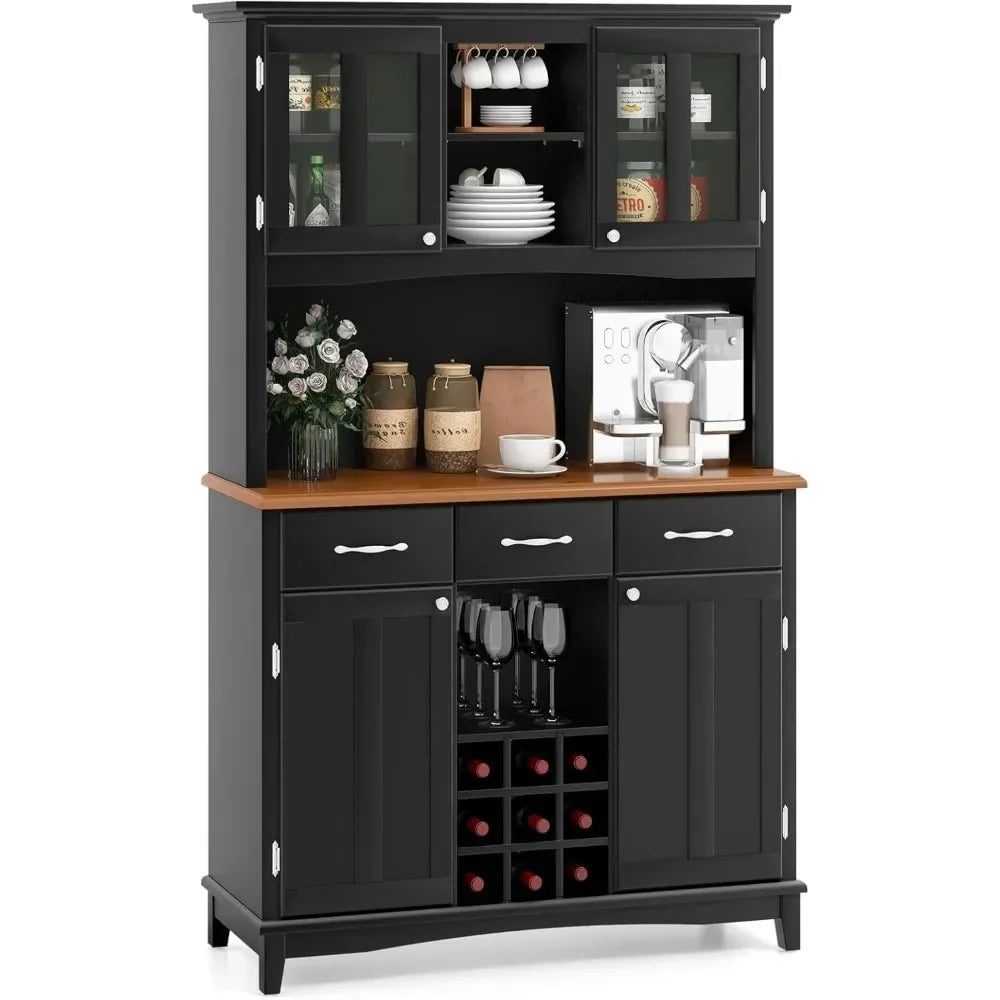 Kitchen Hutch with Storage, Glass Doors, Wine Rack, Adjustable Shelves, Pantry Storage Cabinet Sideboard, Farmhouse Cabinet