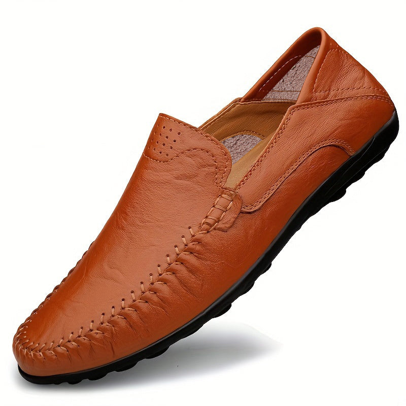CLOHOO Men's Genuine -like Upper Slip-On Dress Loafers - All-Season Round-Toe Business Casual Shoes with PU, Brown/Black, Durable Rubber Sole for Office, Vacation & Formal Wear (No Laces/Ties)