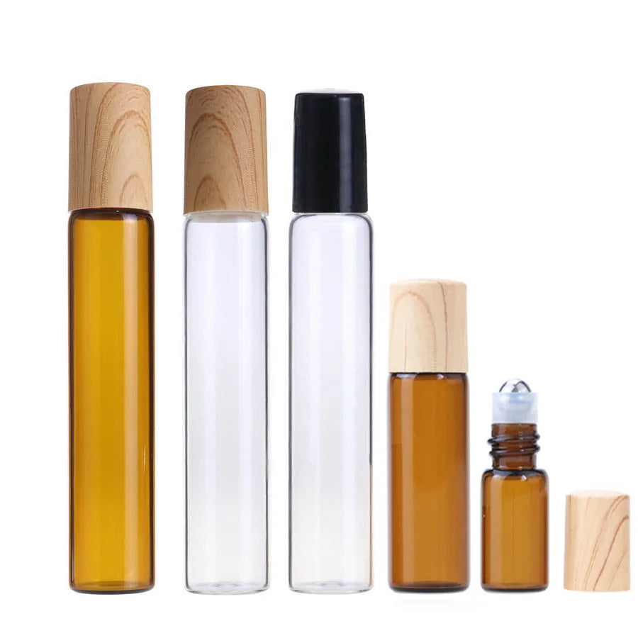 5PCS Glass Essential Oils Roller Bottles 1/2/3/5/10ml Amber / Clear Roll on Vials Plastic Caps Lids Perfume Refillable Portable