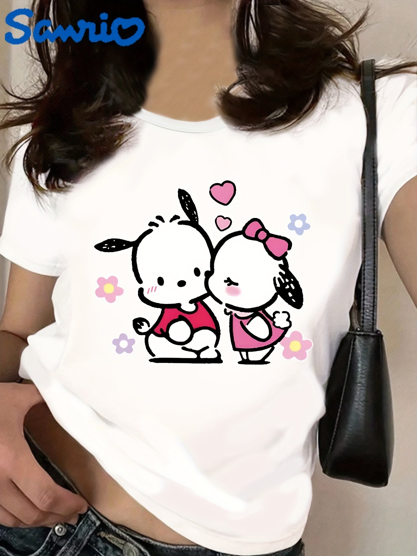 Sanrio Hello Kitty Pochacco Cute Cartoon Print Women's T-Shirt - Black Casual Round Neck Tee with Heart & Flower Design, Soft Polyester Blend for Spring/Summer, Hello Kitty Shirt