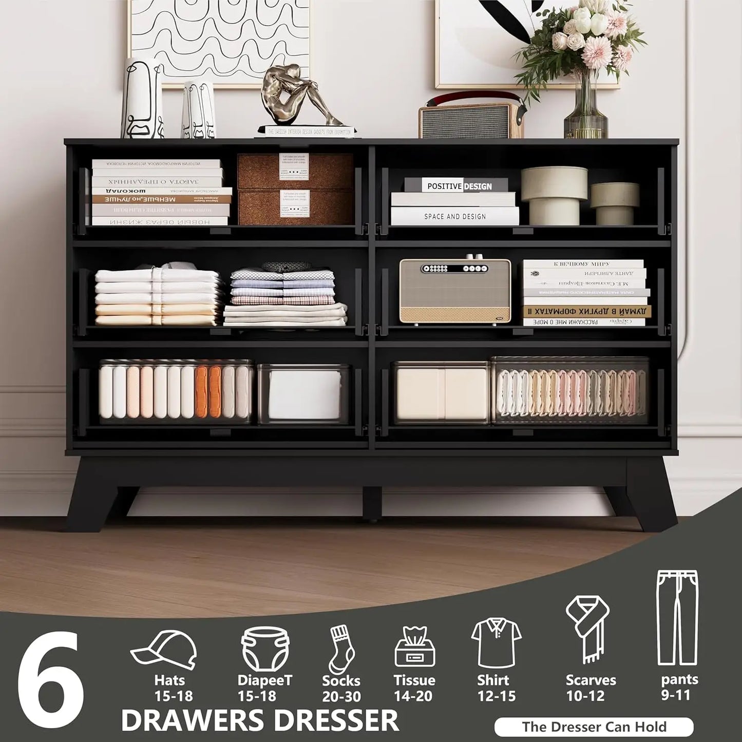 6 Drawer Dresser for Bedroom, Black Fluted Dresser Chest of Drawers with Gold Handle, Wood Mid Century Modern