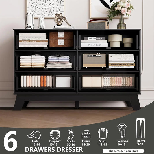 6 Drawer Dresser for Bedroom, Black Fluted Dresser Chest of Drawers with Gold Handle, Wood Mid Century Modern