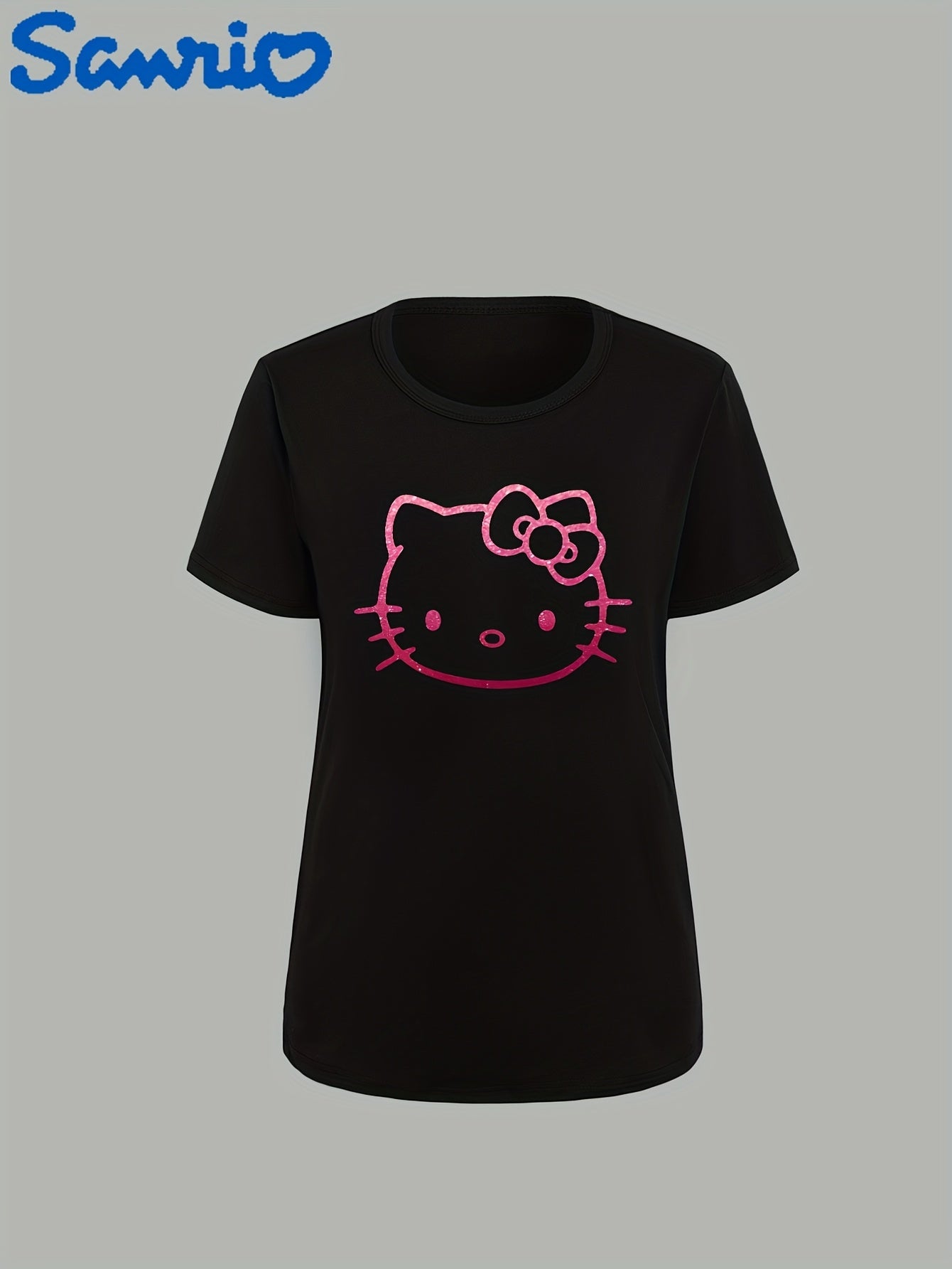 Sanrio Hello Kitty Cute Cartoon Print Women's Short Sleeve T-Shirt - Soft Polyester Blend, Round Neck, Machine Washable, White with Pink Graphic Design, Perfect for Spring/Summer Casual Wear