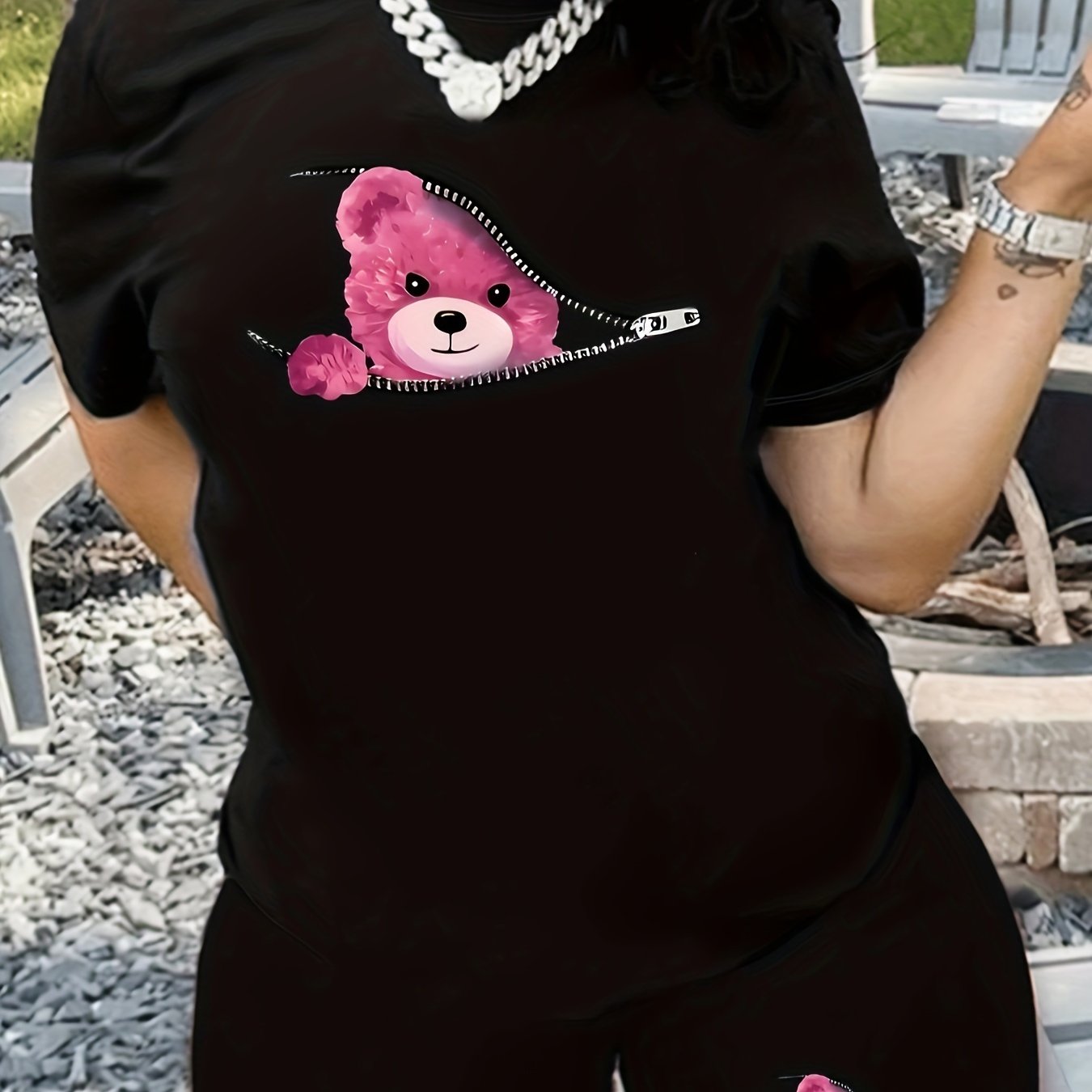 Adorable Bear Print Womens Casual Shorts Set - Comfortable Crew Neck Short Sleeve T-Shirt &figure-Hugging Skinny Shorts Outfit - Trendy Two-Piece Ensemble for Fashionable Ladies