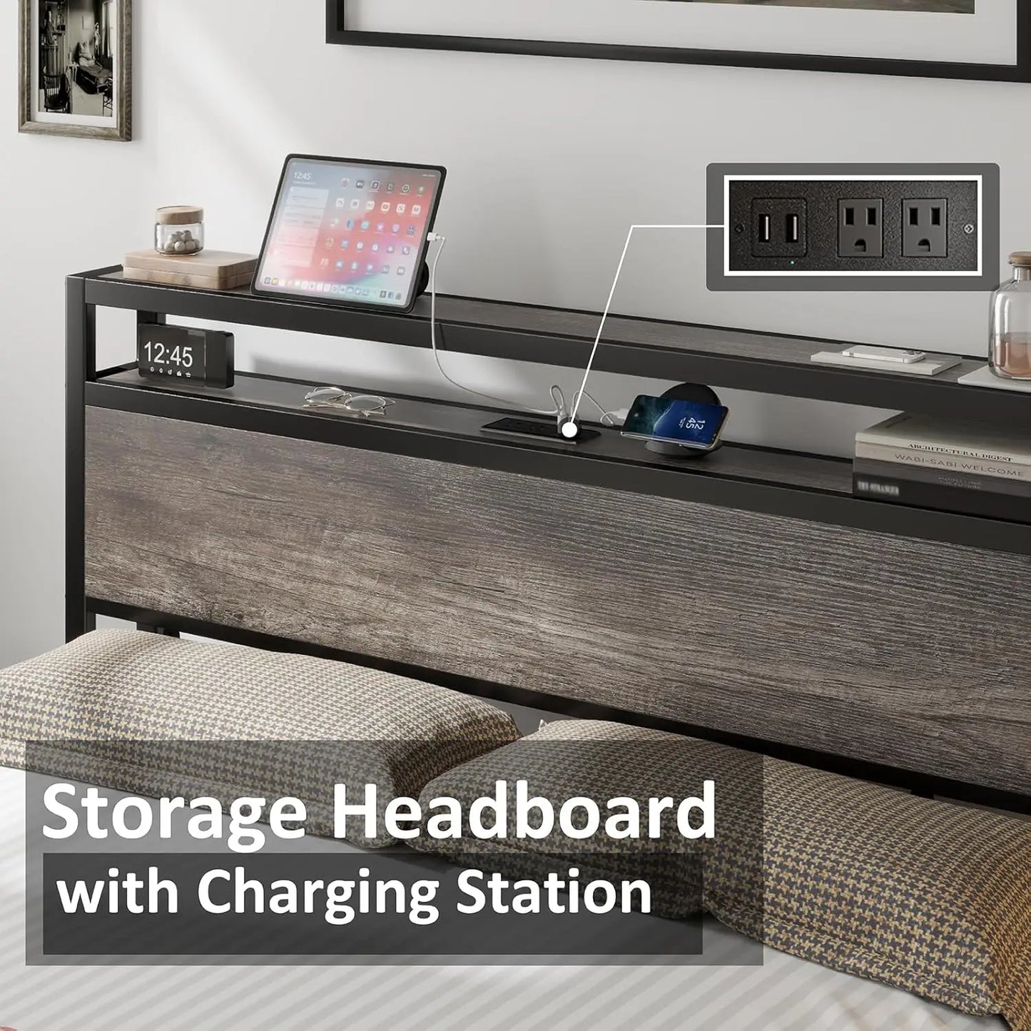 Queen Size Bed Frame Industrial Platform Bed with Charging Station, 2-Tier Storage Headboard/No Box Spring Needed/Noise