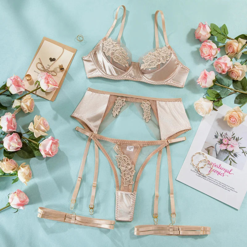 French Style Sexy Three-Point See-Through Lingerie Mesh Embroidery Patchwork Push-Up Bra Thong Four-Piece Set