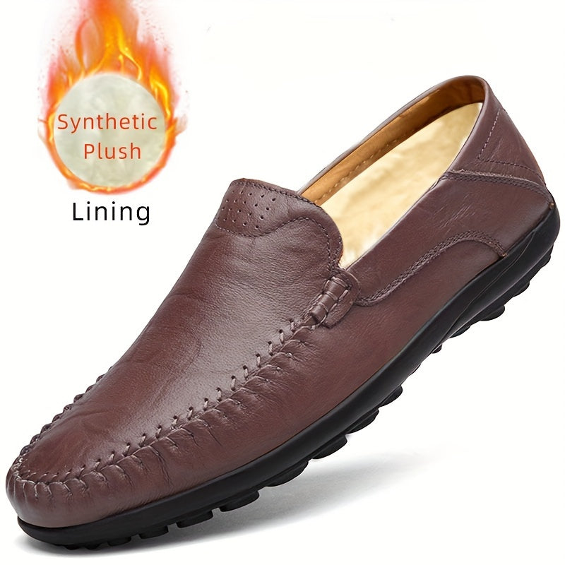 CLOHOO Men's Genuine -like Upper Slip-On Dress Loafers - All-Season Round-Toe Business Casual Shoes with PU, Brown/Black, Durable Rubber Sole for Office, Vacation & Formal Wear (No Laces/Ties)