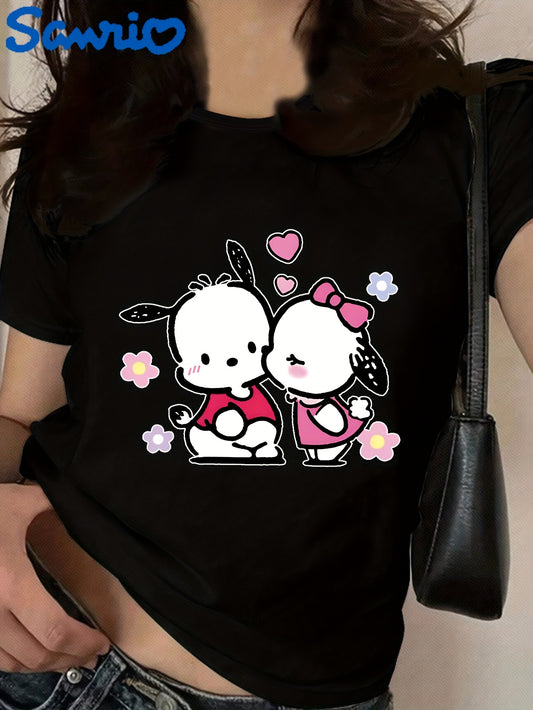 Sanrio Hello Kitty Pochacco Cute Cartoon Print Women's T-Shirt - Black Casual Round Neck Tee with Heart & Flower Design, Soft Polyester Blend for Spring/Summer, Hello Kitty Shirt