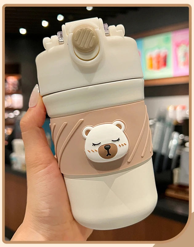 450ML Cute Bear Double Drink Thermos Coffee Mug With Straw Portable Stainless Steel Tumbler Insulated Cup Bottle For Kids Girls