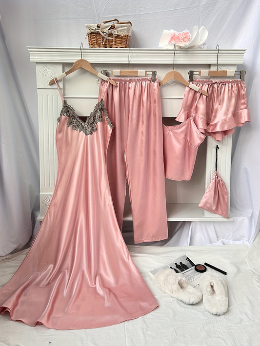 5pcs Elegant Pajama Set for Women, V-Neck Solid Color Sleepwear with Lace Detail, Includes Camisole, Shorts, Pants, and Storage Bag, All-Season Polyester 100% Comfort, 90gsm Woven Fabric