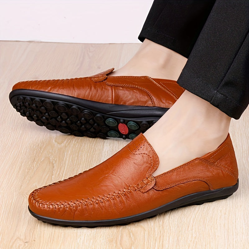 CLOHOO Men's Genuine -like Upper Slip-On Dress Loafers - All-Season Round-Toe Business Casual Shoes with PU, Brown/Black, Durable Rubber Sole for Office, Vacation & Formal Wear (No Laces/Ties)