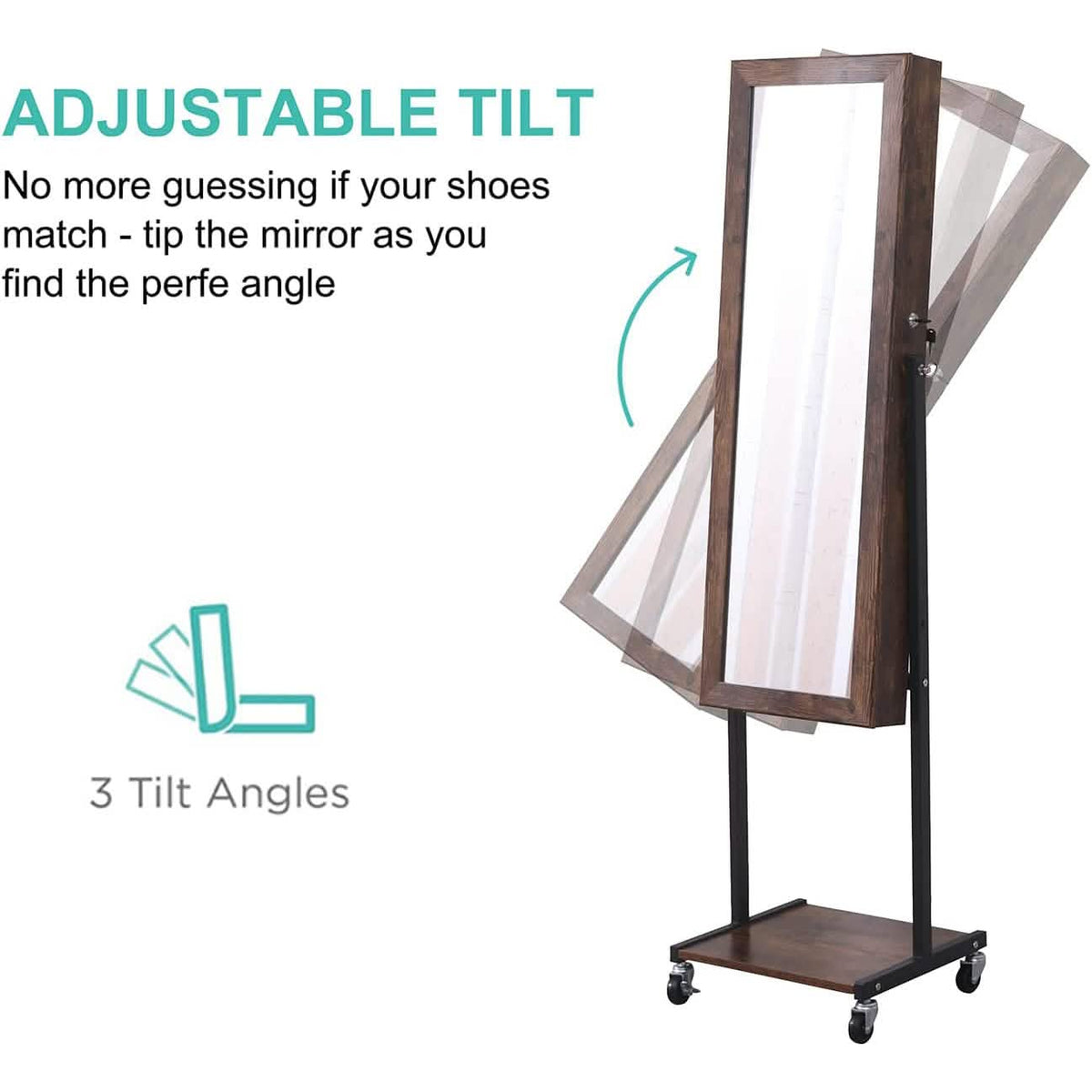 6 LEDs Mirror Jewelry Cabinet Armoire with Wheels