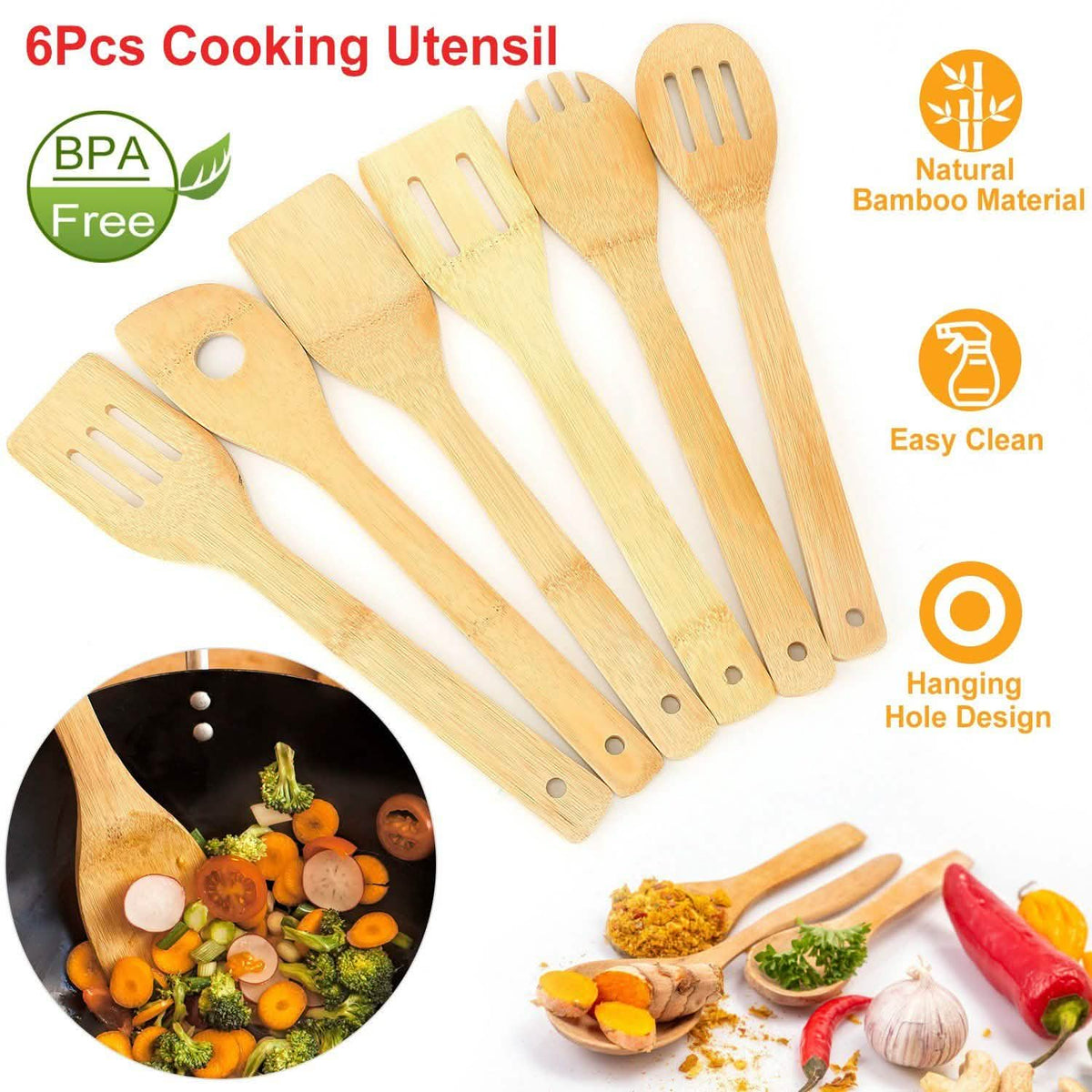 6-Pieces: Cooking Utensil Bamboo Wooden Spoons