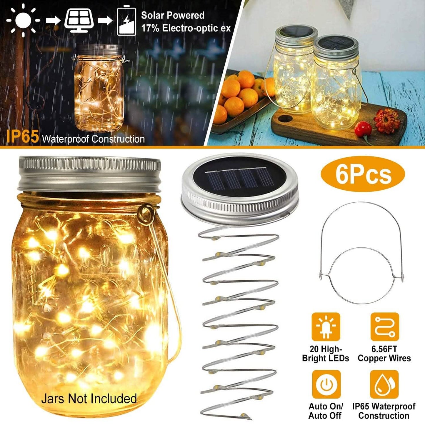 6-Pieces: Solar Powered Mason Jar Lid Lights 20 LEDs