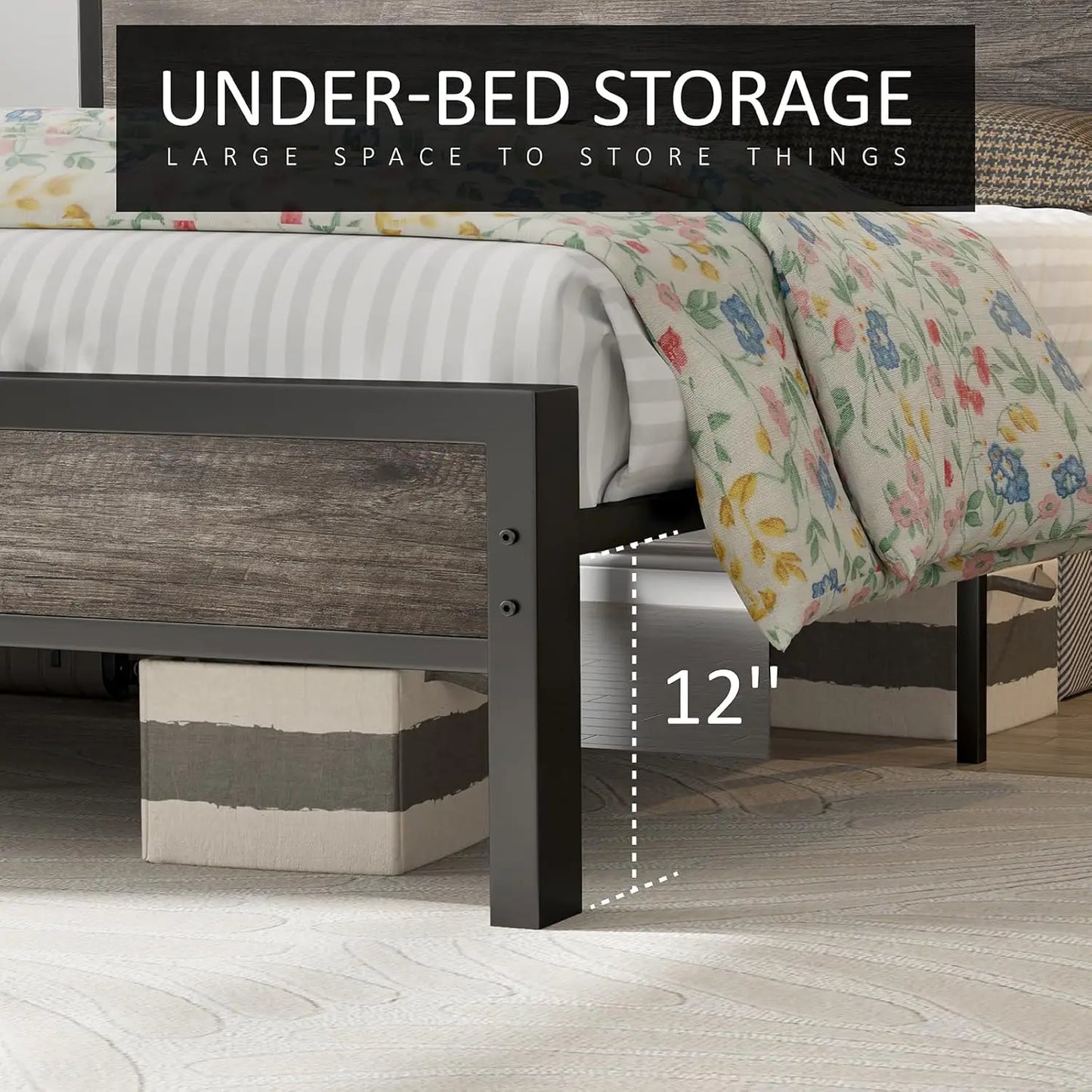 Queen Size Bed Frame Industrial Platform Bed with Charging Station, 2-Tier Storage Headboard/No Box Spring Needed/Noise