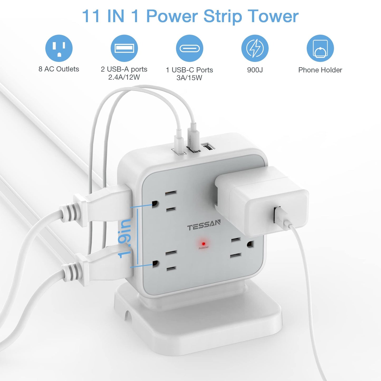 Surge Protector Flat Extension Cord Flat Plug Power Strip, 8 AC Outlets, 3 USB Charger(1 USB C Port) 3-Sided Outlet Extender, 5 Ft, 900 Joules Protection, Office Supplies, Dorm Room Essentials, Grey