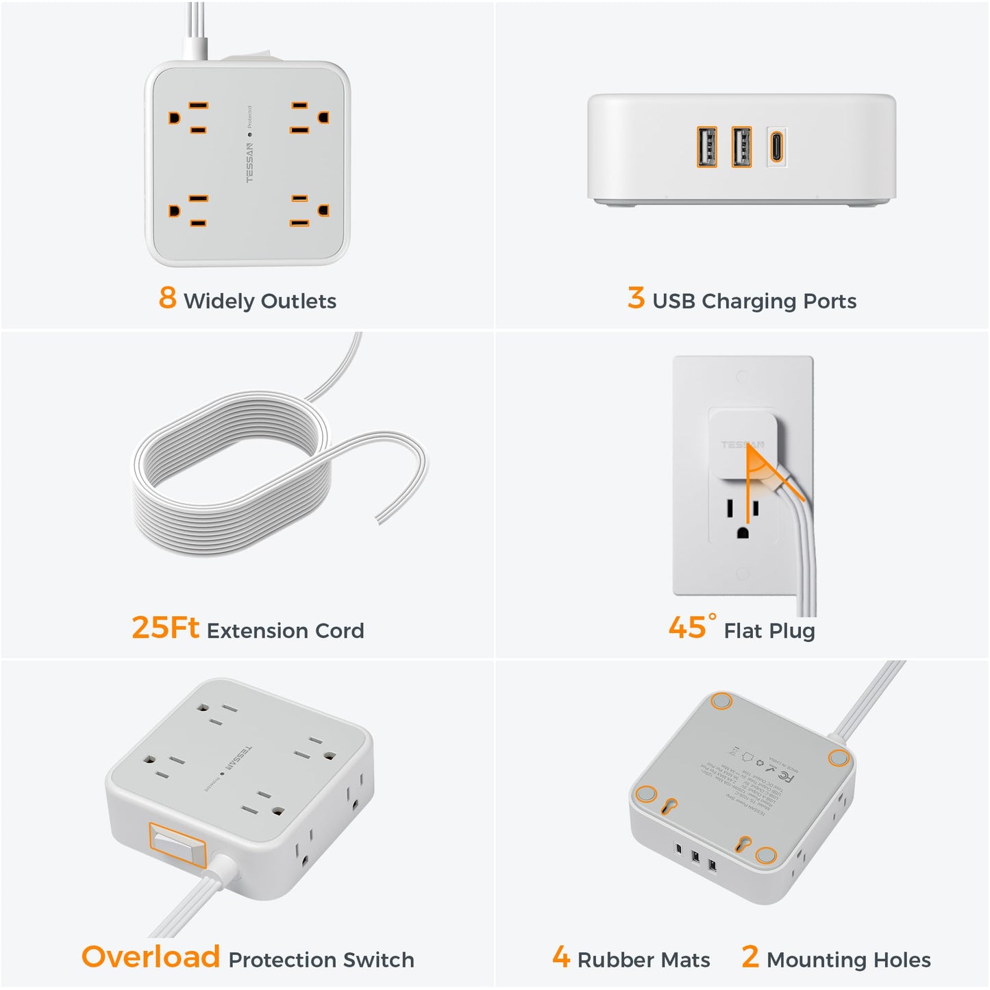 Surge Protector Flat Extension Cord Flat Plug Power Strip, 8 AC Outlets, 3 USB Charger(1 USB C Port) 3-Sided Outlet Extender, 5 Ft, 900 Joules Protection, Office Supplies, Dorm Room Essentials, Grey