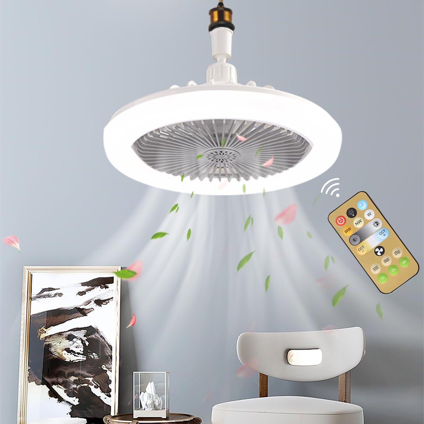 E26/E27 Ceiling Fan with Lights Remote, Mini 10 Inch Enclosed Low Profile Fan Light, Ceiling Light with Fan 3 Speeds 3 Light Color Dimming and Timing,Summer Gift for Bedroom Dormitory (White)