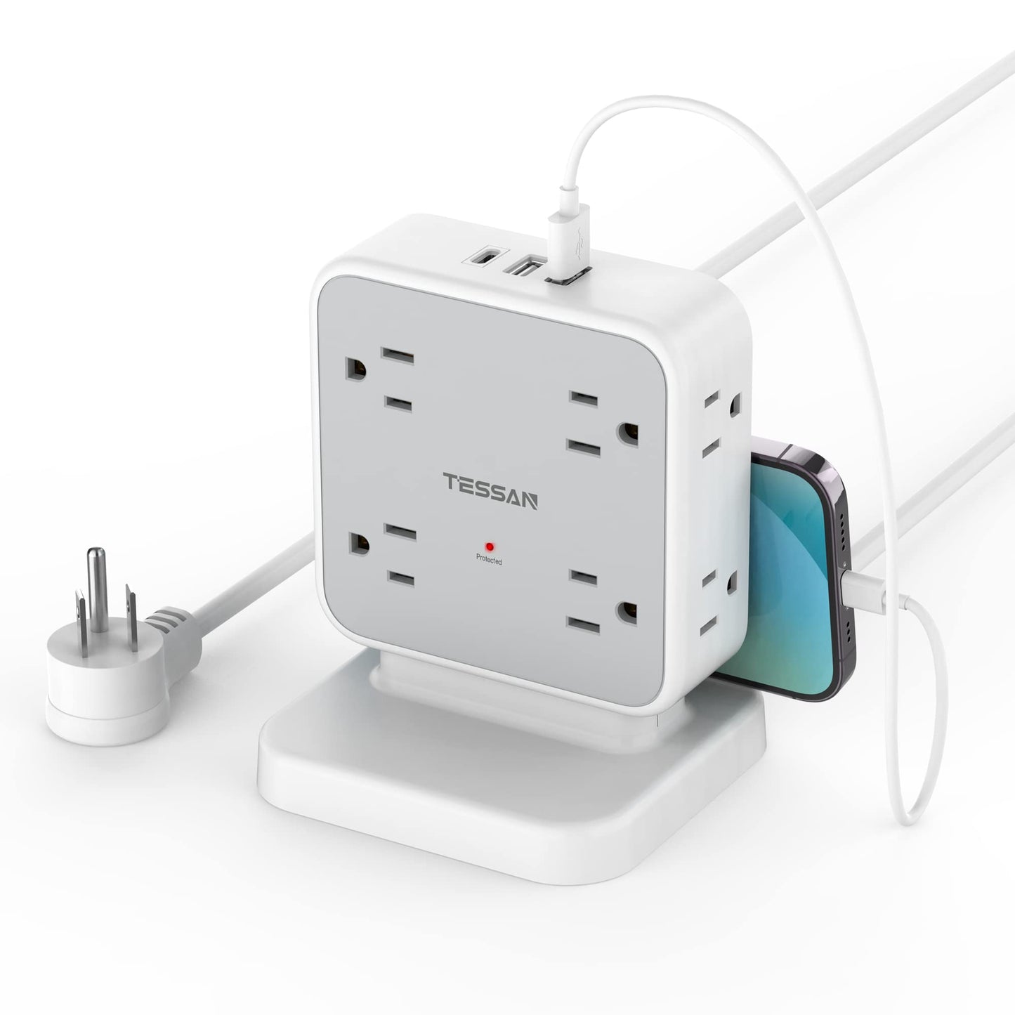 Surge Protector Flat Extension Cord Flat Plug Power Strip, 8 AC Outlets, 3 USB Charger(1 USB C Port) 3-Sided Outlet Extender, 5 Ft, 900 Joules Protection, Office Supplies, Dorm Room Essentials, Grey