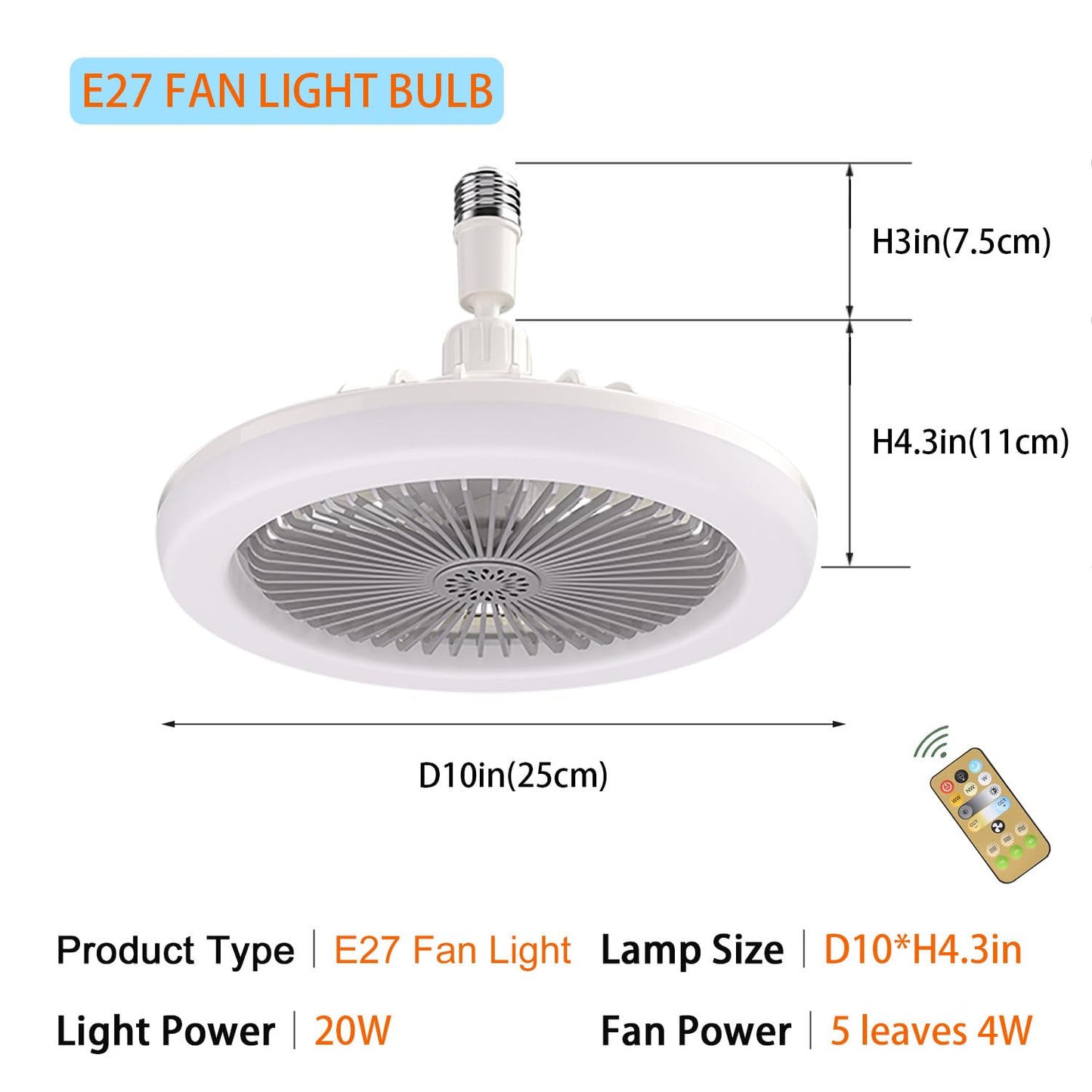 E26/E27 Ceiling Fan with Lights Remote, Mini 10 Inch Enclosed Low Profile Fan Light, Ceiling Light with Fan 3 Speeds 3 Light Color Dimming and Timing,Summer Gift for Bedroom Dormitory (White)