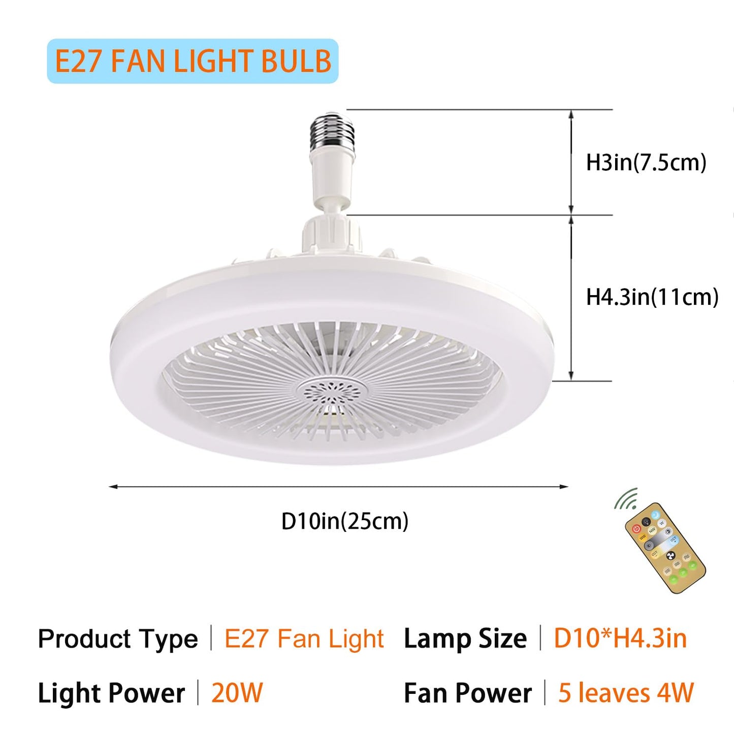 E26/E27 Ceiling Fan with Lights Remote, Mini 10 Inch Enclosed Low Profile Fan Light, Ceiling Light with Fan 3 Speeds 3 Light Color Dimming and Timing,Summer Gift for Bedroom Dormitory (White)