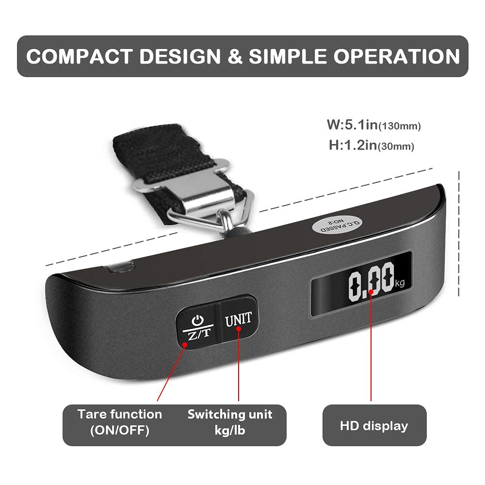travel inspira Luggage Scale, Portable Digital Hanging Baggage Scale for Travel, Suitcase Weight Scale with Rubber Paint, 110 Pounds, Battery Included