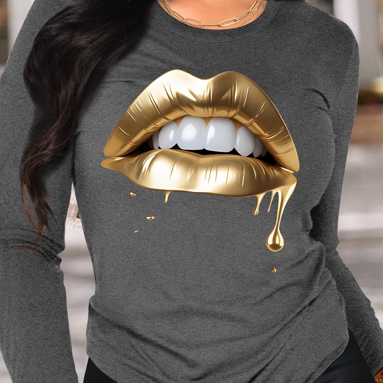 Vibrant Lips Print Long Sleeve Crew Neck T-shirt - Women's Casual Spring & Fall Clothing - Comfortable, Relaxed Fit, Soft Fabric, Stylish Graphic Tee for Ladies