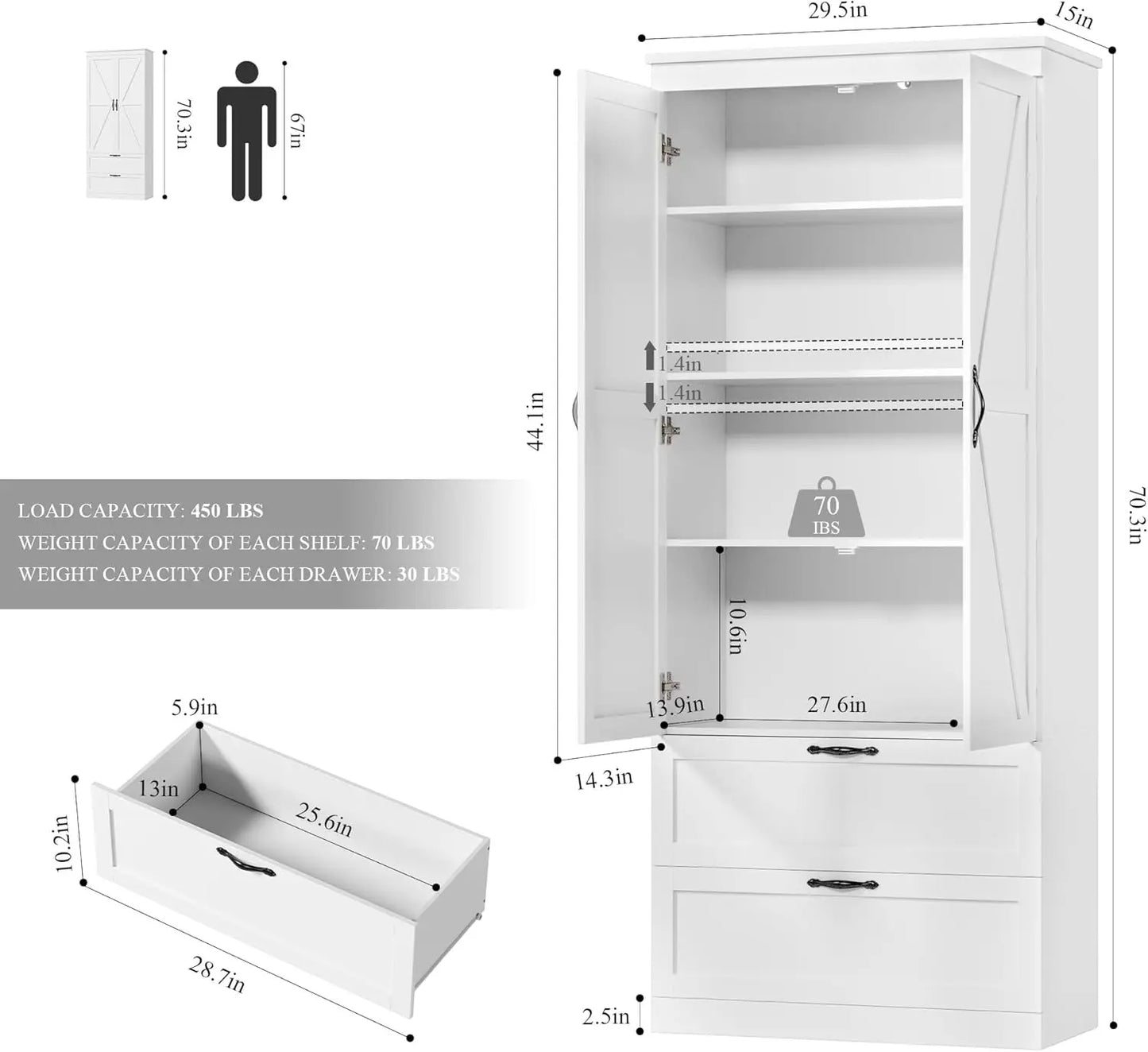 Tall Kitchen Pantry Storage Cabinet, Barn Doors Pantry Cabinet with Drawers and Adjustable Shelf,