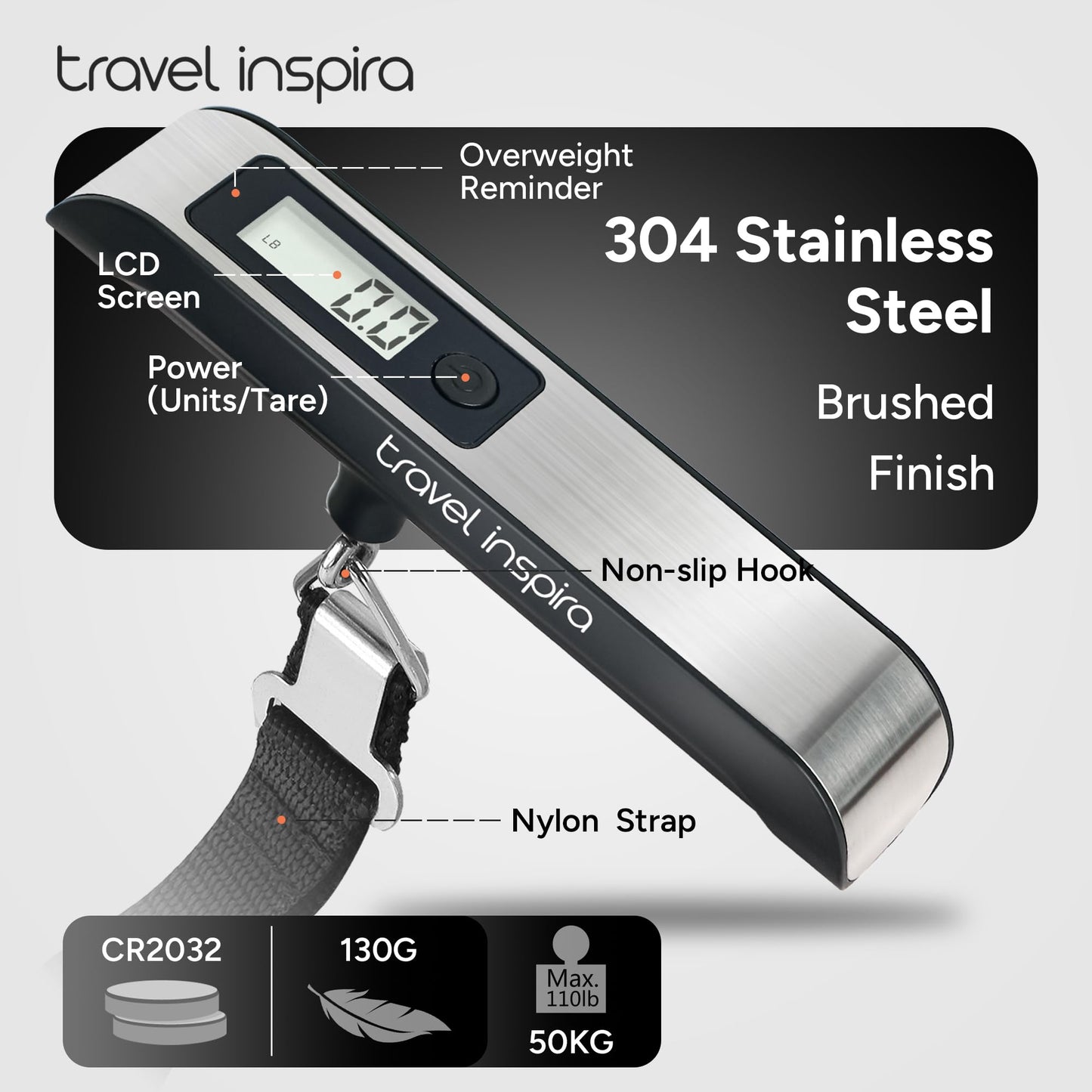 travel inspira Luggage Scale, Portable Digital Hanging Baggage Scale for Travel, Suitcase Weight Scale with Rubber Paint, 110 Pounds, Battery Included
