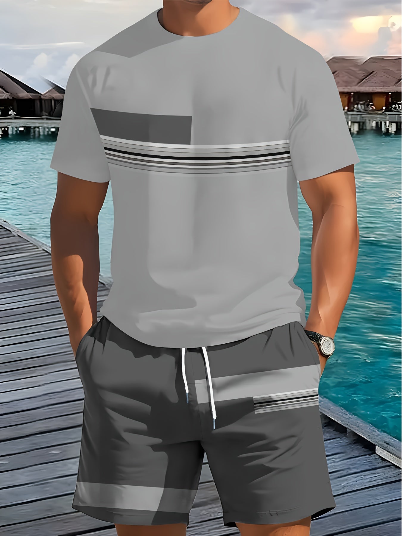 Men'S Casual 3D Print T-Shirt & Shorts Set - Breathable, Comfortable, Round Neck, Short Sleeve, Regular Fit, Spring/Summer/Fall Outdoor Leisure Wear, Casual Attire|Casual Style|Stretch Fabric, Men'S Set, Men'S Clothing, Large