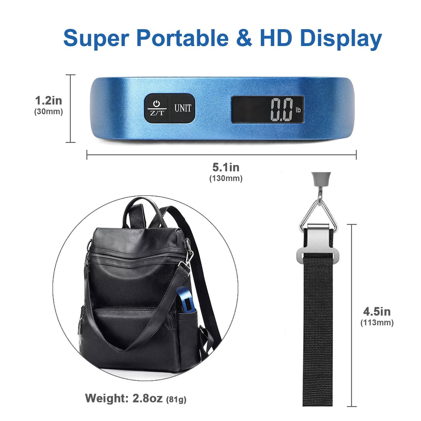 travel inspira Luggage Scale, Portable Digital Hanging Baggage Scale for Travel, Suitcase Weight Scale with Rubber Paint, 110 Pounds, Battery Included