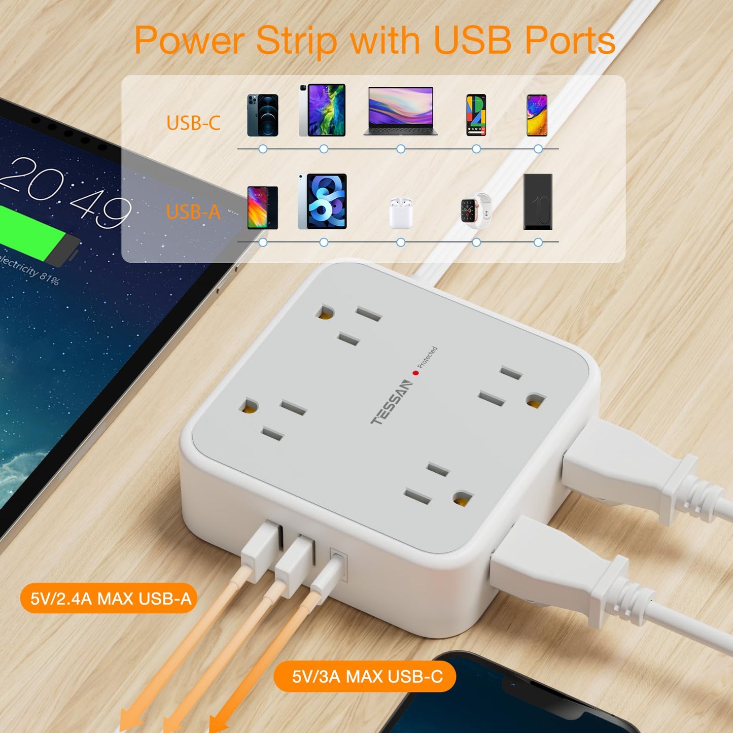 Surge Protector Flat Extension Cord Flat Plug Power Strip, 8 AC Outlets, 3 USB Charger(1 USB C Port) 3-Sided Outlet Extender, 5 Ft, 900 Joules Protection, Office Supplies, Dorm Room Essentials, Grey