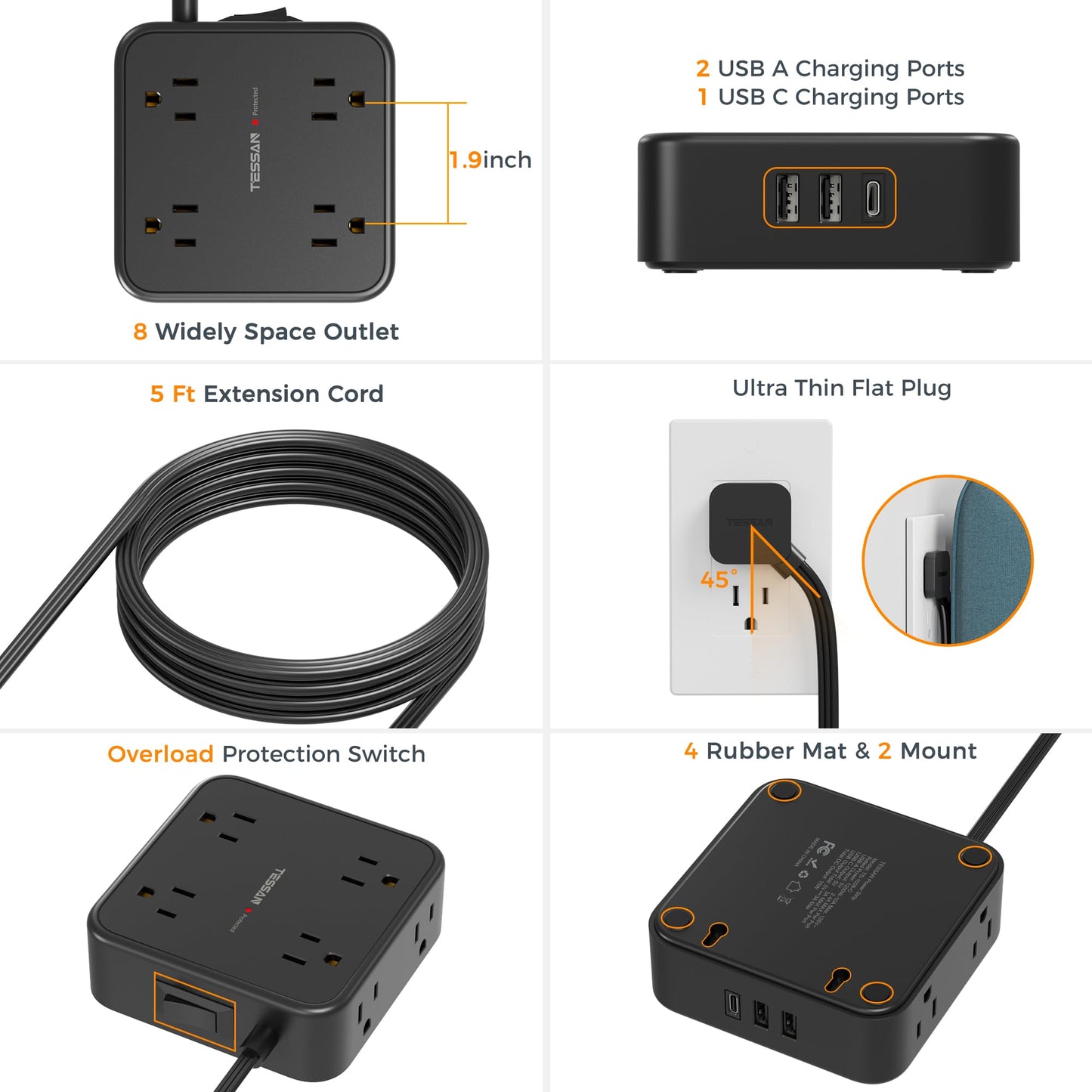 Surge Protector Flat Extension Cord Flat Plug Power Strip, 8 AC Outlets, 3 USB Charger(1 USB C Port) 3-Sided Outlet Extender, 5 Ft, 900 Joules Protection, Office Supplies, Dorm Room Essentials, Grey