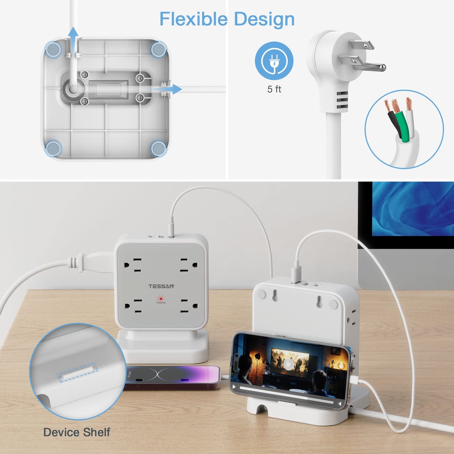 Surge Protector Flat Extension Cord Flat Plug Power Strip, 8 AC Outlets, 3 USB Charger(1 USB C Port) 3-Sided Outlet Extender, 5 Ft, 900 Joules Protection, Office Supplies, Dorm Room Essentials, Grey